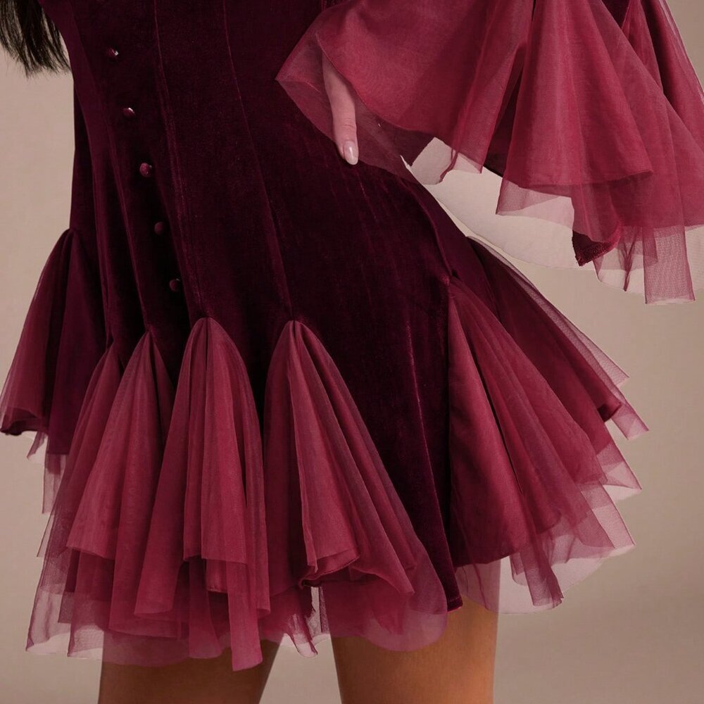 Burgundy Elegant Women's V-Neck Mini Dress - Picture 3 of 7